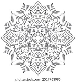 A detailed black and white vector mandala with geometric shapes, patterns, and motifs.