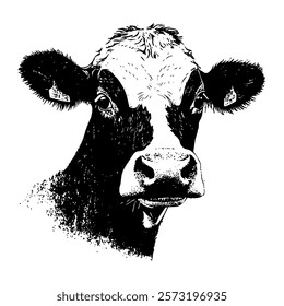 detailed black and white vector portrait of a cow, emphasizing its gentle expression and rural charm with fine textures and realistic shading.