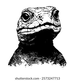 detailed black and white vector portrait of a lizard, showcasing its textured scales and distinctive features with precision and artistic flair.