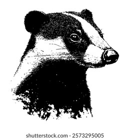 detailed black and white vector portrait of a badger, highlighting its distinctive stripes and natural charm with bold textures and realistic shading.