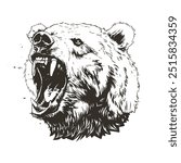 Detailed black and white vector of roaring bear head isolated. Perfect for prints, apparel and emblems. High contrast grunge style. Fierce predator graphic captures raw power and danger.