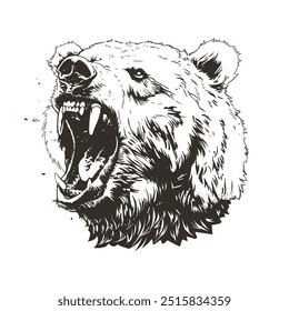 Detailed black and white vector of roaring bear head isolated. Perfect for prints, apparel and emblems. High contrast grunge style. Fierce predator graphic captures raw power and danger.