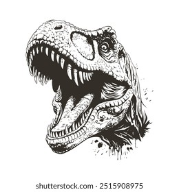 Detailed black and white vector of roaring dinosaur head isolated. Perfect for prints, apparel and emblems. High contrast grunge style. Fierce predator graphic captures raw power and danger.