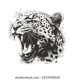 Detallado Vector blanco y negro de la cabeza rugiente del jaguar aislado. Perfecto para estampados, prendas y emblemas. Estilo grunge de alto contraste. El gráfico de depredador feroz captura el poder y el peligro crudos.