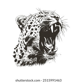 Detallado Vector blanco y negro de la cabeza rugiente del jaguar aislado. Perfecto para estampados, prendas y emblemas. Estilo grunge de alto contraste. El gráfico de depredador feroz captura el poder y el peligro crudos.