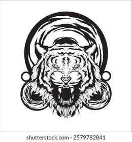 Detailed black and white vector of roaring tiger head isolated. Perfect for prints, apparel and emblems. High contrast grunge style. and isolated white background