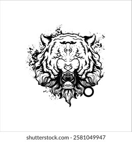 Detailed black and white vector of roaring tiger head isolated. Perfect for prints, apparel and emblems. High contrast grunge style. and isolated white background