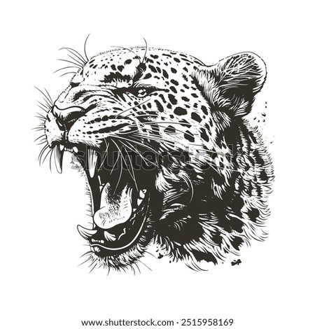Detailed black and white vector of roaring jaguar head isolated. Perfect for prints, apparel and emblems. High contrast grunge style. Fierce predator graphic captures raw power and danger.
