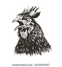 Detallado Vector blanco y negro de cabeza de gallo aislado. Perfecto para estampados, prendas y emblemas. Estilo grunge de alto contraste.