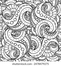 Detailed black and white vector seamless pattern coloring page with swirling designs and intricate details for stress relief.