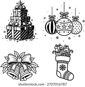 A detailed black and white vector set featuring four classic Christmas and New Year elements.