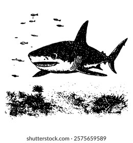 detailed black and white vector of a shark swimming among smaller fish in an underwater environment with plants and coral, showcasing marine wildlife.