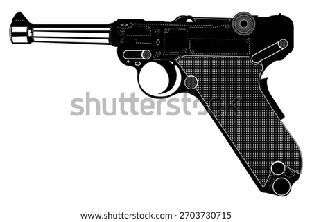 A detailed black and white vector silhouette of a vintage pistol featuring clean outlines and textured grip elements. Ideal for graphic design, historical themes, retro illustrations, icons, or weapon