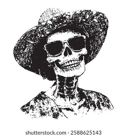 detailed black and white vector of a skeleton wearing a hat and sunglasses, with a vintage, textured style. Ideal for gothic, Halloween, or Day of the Dead designs.