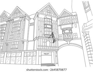 Detalhado esboço vetorial preto e branco do famoso edifício Liberty London com sua arquitetura distintiva Tudor Revival e arco.