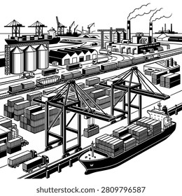 A detailed black and white vector style illustration depicting a bustling industrial harbor with cargo ships cranes trains trucks silos and factories emitting smoke