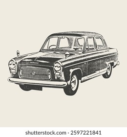 A detailed black and white vintage illustration of a classic car with a stylish retro design.