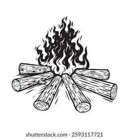 A detailed black and white vintage vector illustration of a bonfire. Perfect for camping-themed designs, branding, t-shirts, posters, and more. Classic engraving style with intricate line work