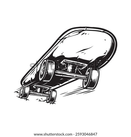A detailed black and white vintage-style vector illustration of a skateboard. Perfect for t-shirt designs, posters, stickers, and branding. Ideal for skaters, retro enthusiasts, and street culture.