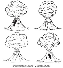 detailed black and white volcano eruption drawing. Perfect for educational materials, tattoos, prints, and artistic designs. Hand-drawn volcanic explosion illustration.