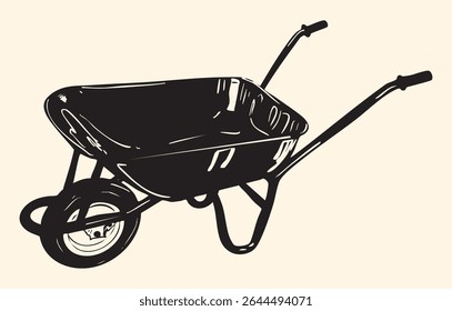 Detailed black and white wheelbarrow illustration with vintage rustic charm—ideal for farm-themed designs, cottagecore artwork, and minimalist botanical or outdoor concepts.