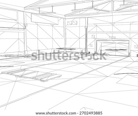 A detailed black and white wireframe drawing of a warehouse interior, showing containers and furniture arranged neatly within a floor plan.