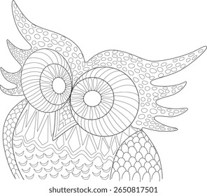 Ilustração detalhada de cabeça de coruja de estilo de Zentangle preto e branco para livros de colorir adultos e arte da atenção. Padrões intrincados de um design de coruja noite abstrata.