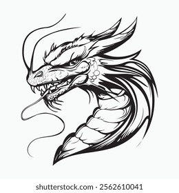 Detailed black-and-white dragon illustration with sharp lines, fierce expression, and intricate design, perfect for tattoos, logos, or fantasy art