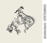 Detailed black-and-white engraving of a cowboy riding a bucking horse, symbolizing western adventure and rodeo culture.
