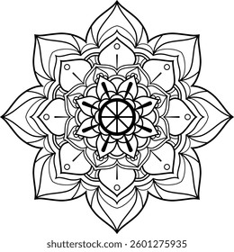 Detailed black-and-white floral mandala with symmetrical patterns, ideal for coloring, meditation, and decorative art projects.