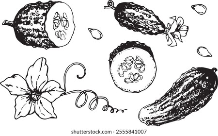 Detailed black-and-white hand-drawn illustration of cucumbers, including whole cucumbers, sliced pieces revealing seeds, cucumber flowers, tendrils, and loose seeds. 