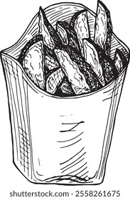 Detailed black-and-white hand-drawn sketch of a box filled with crispy French fries, showcasing intricate linework and artistic shading. Perfect for food-related designs, menus, or creative projects