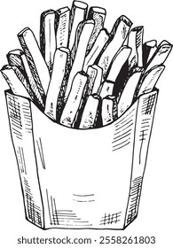 Detailed black-and-white hand-drawn sketch of a box filled with crispy French fries, showcasing intricate linework and artistic shading. Perfect for food-related designs, menus, or creative projects