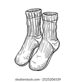 A detailed black-and-white hand-drawn sketch of warm winter socks, perfect for cozy-themed designs