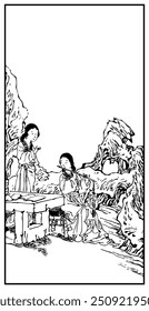 Detailed black-and-white illustration depicting individuals dressed in traditional attire, situated in a serene natural setting with intricate trees and rocks in the background.