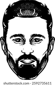 Detailed black-and-white illustration of a man's face with a beard and modern hairstyle. The high-contrast shading gives a bold, graphic look, making it suitable for tattoo designs, logos