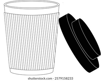 Detailed black-and-white line art of a 3D takeaway coffee cup with a textured sleeve and lid design.