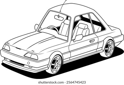 a detailed, black-and-white line drawing of a classic two-door car with visible interior features like seats and a steering wheel, highlighting its design and structure