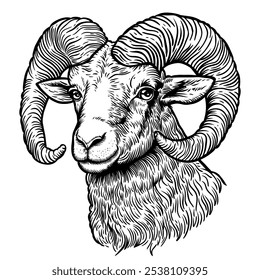 A detailed black-and-white line drawing of a ram with curved horns, capturing intricate textures and contours of the animal's face.