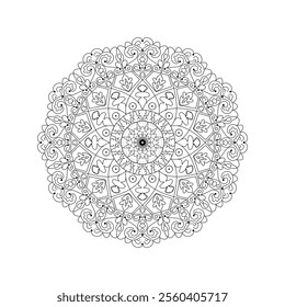 Detailed black-and-white mandala illustration featuring symmetrical floral patterns, perfect for coloring books, art projects, or promoting relaxation and mindfulness through creative activities.