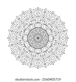 Detailed black-and-white mandala illustration featuring symmetrical floral patterns, perfect for coloring books, art projects, or promoting relaxation and mindfulness through creative activities.