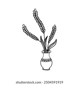 A detailed black-and-white outline of a vase holding several wheat stalks, arranged elegantly.