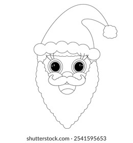 A detailed black-and-white Santa Claus face illustration for coloring. Perfect for Christmas activities and holiday crafts.