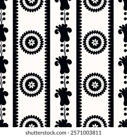 Detailed black-and-white Suzani embroidery pattern featuring traditional Central Asian motifs, including intricate floral and geometric designs. This monochrome artwork highlights the skillful crafts.