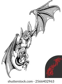 Detailed black-and-white tattoo design illustration of a bat showcases intricate wing veins and a fierce expression, perfect for a dynamic and striking tattoo design.