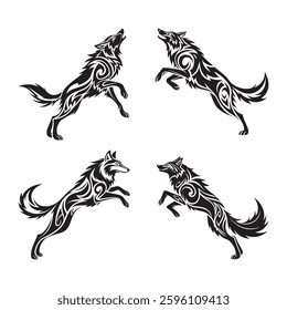 A detailed black-and-white tribal-style vector illustration of a leaping wolf. Featuring intricate swirl patterns, this design is perfect for tattoos, logos, and artistic compositions.