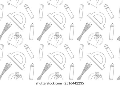 Detailed black-and-white vector illustration featuring school supplies. Ideal for coloring books and educational materials for children.