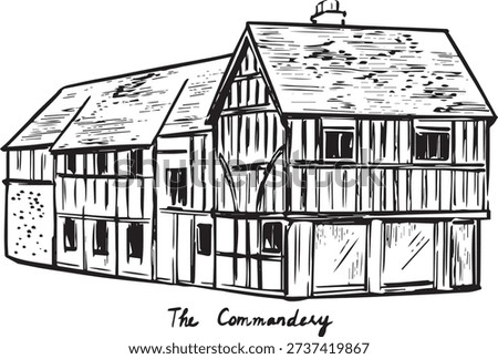 A detailed black-ink architectural sketch of the Commandery in Worcester, capturing its timber-framed structure, historic façade, and Tudor character in expressive hand-drawn line art.