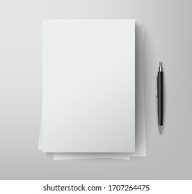 detailed blank white sheets of paper and pen on the table top view. Layout for advertising and printing
