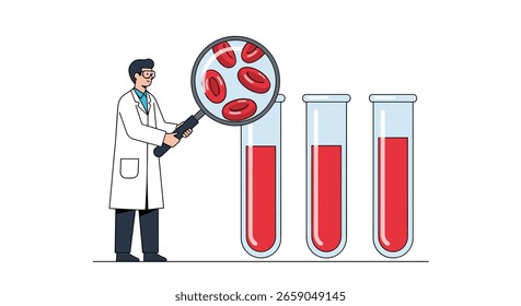 Detailed blood sample analysis by medical professional using magnifying glass over test tubes containing red liquid illustrating research and diagnostics